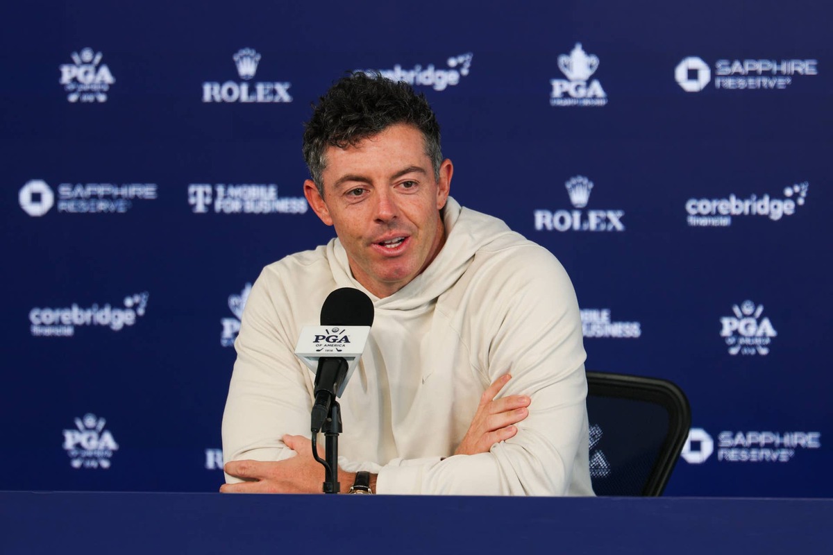  Rory McIlroy sits down for an interview during the PGA Championship at Aronimink Golf Club on Tuesday, May 12, 2026 in Newtown Square, Pennsylvania.