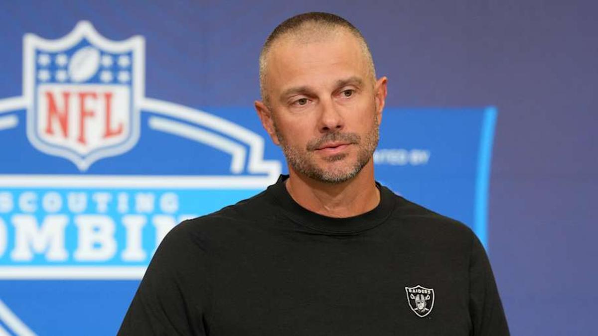  Feb 24, 2026; Indianapolis, IN, USA; Las Vegas Raiders general manager John Spytek speaks at the NFL Scouting Combine at the Indiana Convention Center. Mandatory Credit: Kirby Lee-Imagn Images | Kirby Lee-Imagn Images 