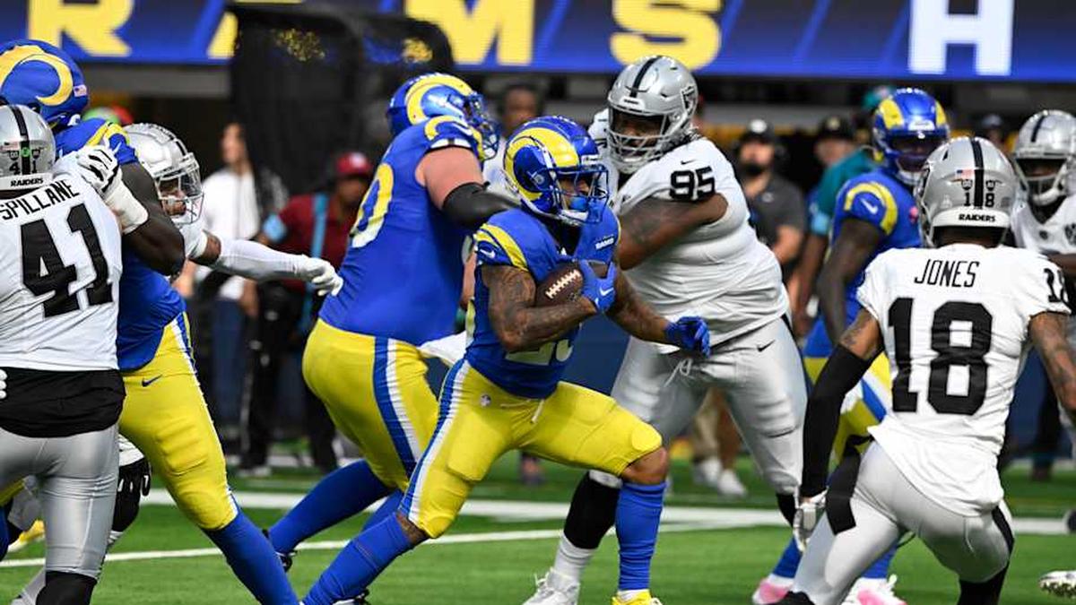  Oct 20, 2024; Inglewood, California, USA; Los Angeles Rams running back Kyren Williams (23) breaks through the line of scrimmage to score a touchdown in the second quarter against the Las Vegas Raiders at SoFi Stadium. Mandatory Credit: Robert Hanashiro-Imagn Images | Robert Hanashiro-Imagn Images 
