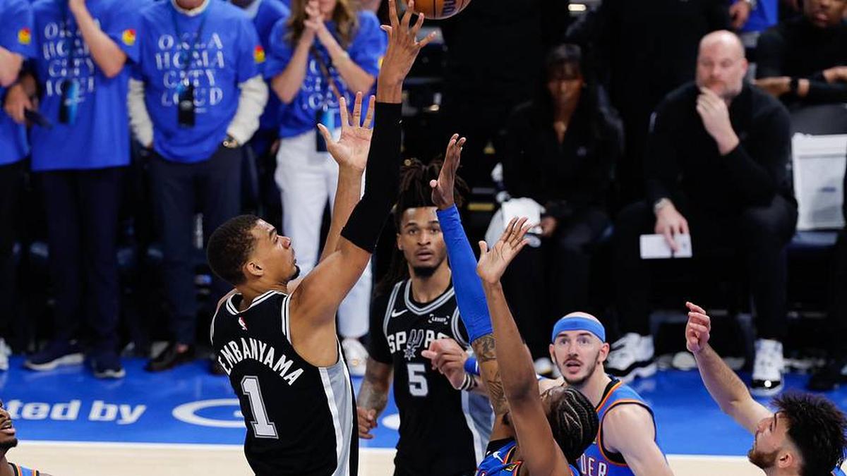  May 18, 2026; Oklahoma City, Oklahoma, USA; San Antonio Spurs center Victor Wembanyama (1) shoots in the fourth quarter against the Oklahoma City Thunder during game one of the western conference finals for the 2026 NBA playoffs at Paycom Center. Mandatory Credit: Alonzo Adams-Imagn Images | Alonzo Adams-Imagn Images 
