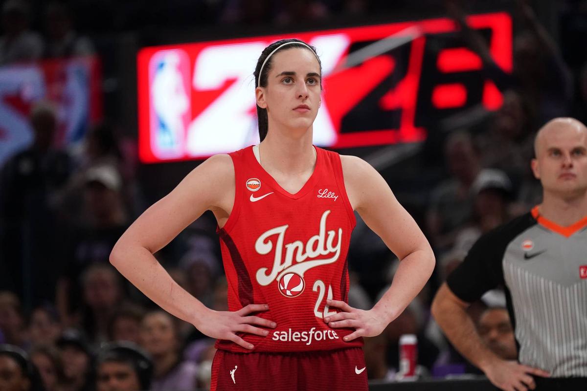  Indiana Fever guard Caitlin Clark (22) waits for play to resume during a game against the Golden State Valkyries.