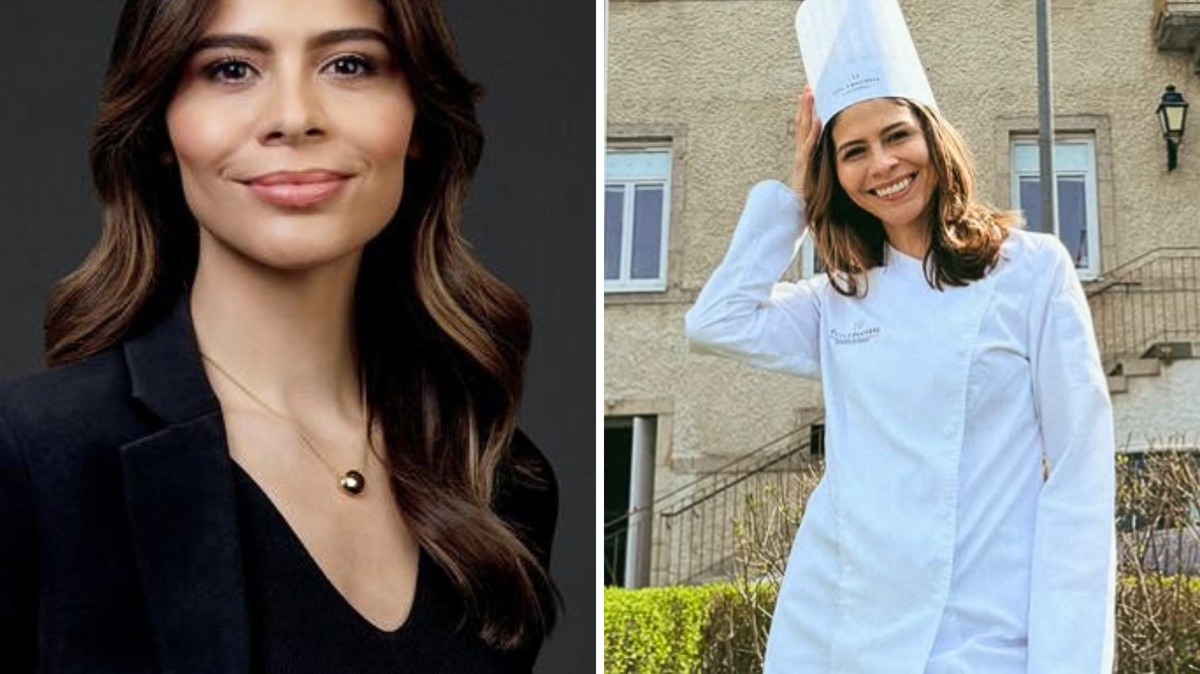 Jackie Davalos (L) in a headshot for Bloomberg; and at pastry school in France. 