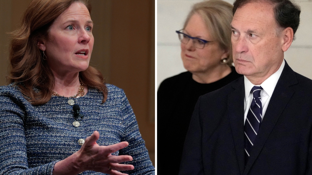 Amy Coney Barrett and Samuel Alito. Left: U.S. Supreme Court Associate Justice Amy Coney Barrett participates in the Supreme Court Fellows Program Annual Lecture in the Coolidge Auditorium at the Library of Congress on March 12, 2026 in Washington, DC. Right: Supreme Court Justice Clarence Thomas and Justice Samuel Alito attend a private ceremony for retired Supreme Court Justice Sandra Day O'Connor before public repose in the Great Hall at the Supreme Court in Washington, DC, on December 18, 2023. 