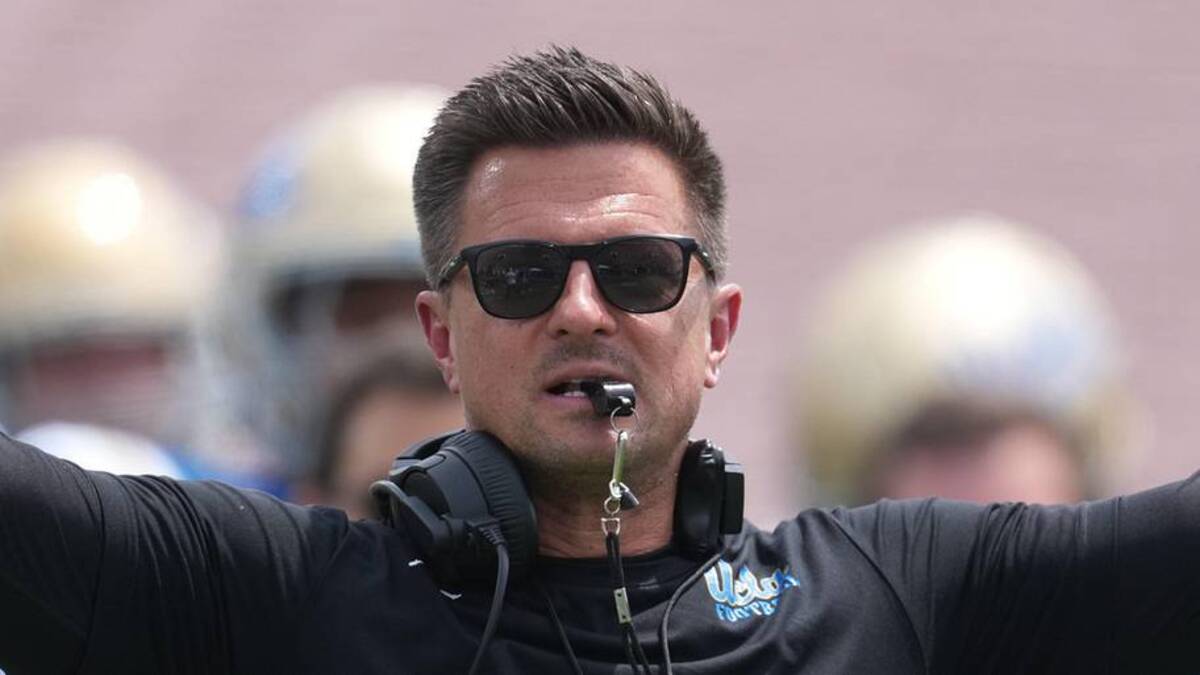 May 2, 2026; Pasadena, CA, USA; UCLA Bruins coach Bob Chesney reacts during the spring game at Rose Bowl. Mandatory Credit: Kirby Lee-Imagn Images | Kirby Lee-Imagn Images 