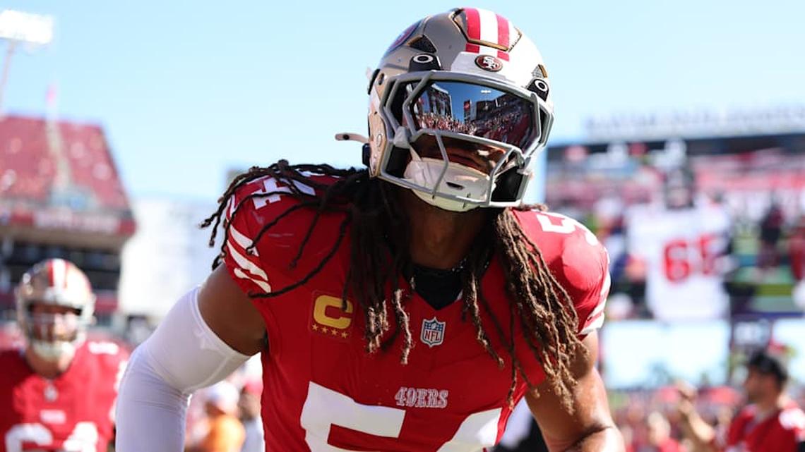  Oct 12, 2025; Tampa, Florida, USA; San Francisco 49ers middle linebacker Fred Warner (54) warms up before a game against the Tampa Bay Buccaneers at Raymond James Stadium. Mandatory Credit: Nathan Ray Seebeck-Imagn Images | Nathan Ray Seebeck-Imagn Images 