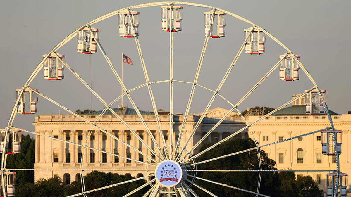 A Ferris wheel is seen during a rally to kick off the Great American State Fair on Washington’s National Mall on Wednesday. The Freedom 250-backed fair celebrates the 250th anniversary of the United States with pavilions, live performances, military demonstrations and exhibits, and will run through July 10.