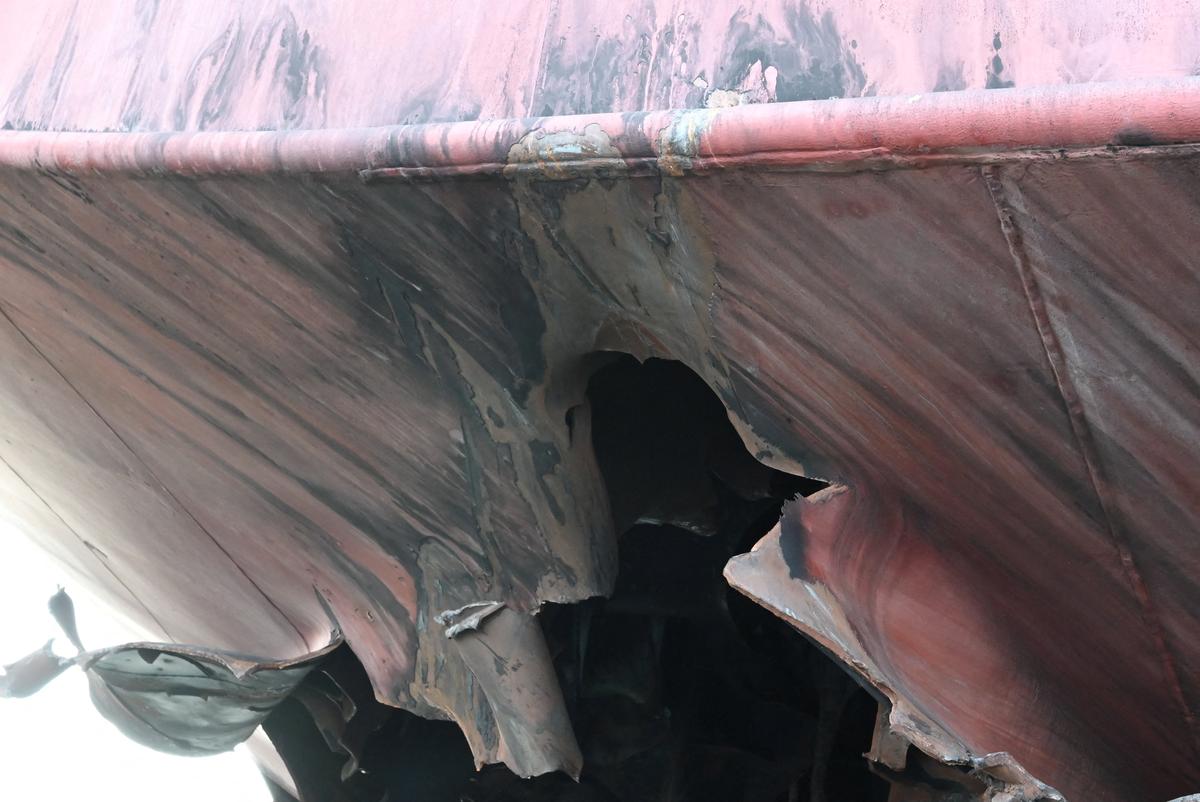 The damaged stern of a bulk carrier operated by South Korean shipper HMM, after it was struck by two unidentified objects on May 4 while stranded in the Strait of Hormuz, in this handout picture released on May 10, 2026.    South Korean Foreign Ministry/Handout via REUTERS