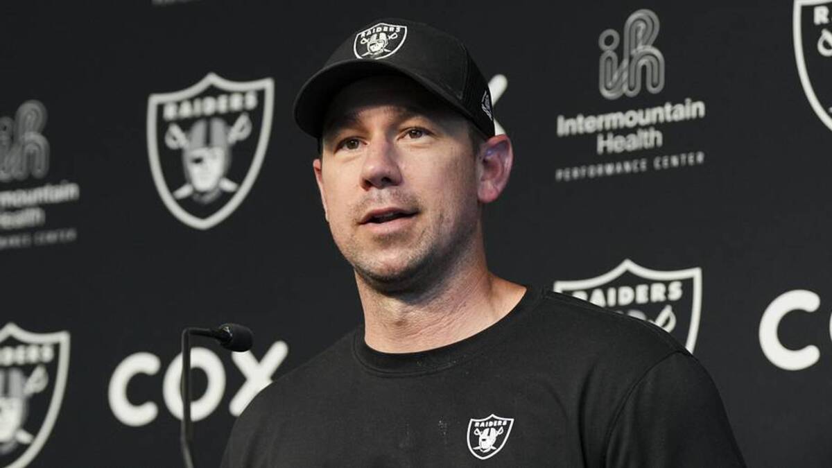  May 20, 2026; Henderson, NV, USA; Las Vegas Raiders head coach Klint Kubiak speaks during a news conference during organized team activities at Intermountain Health Performance Center. Mandatory Credit: Candice Ward-Imagn Images | Candice Ward-Imagn Images 