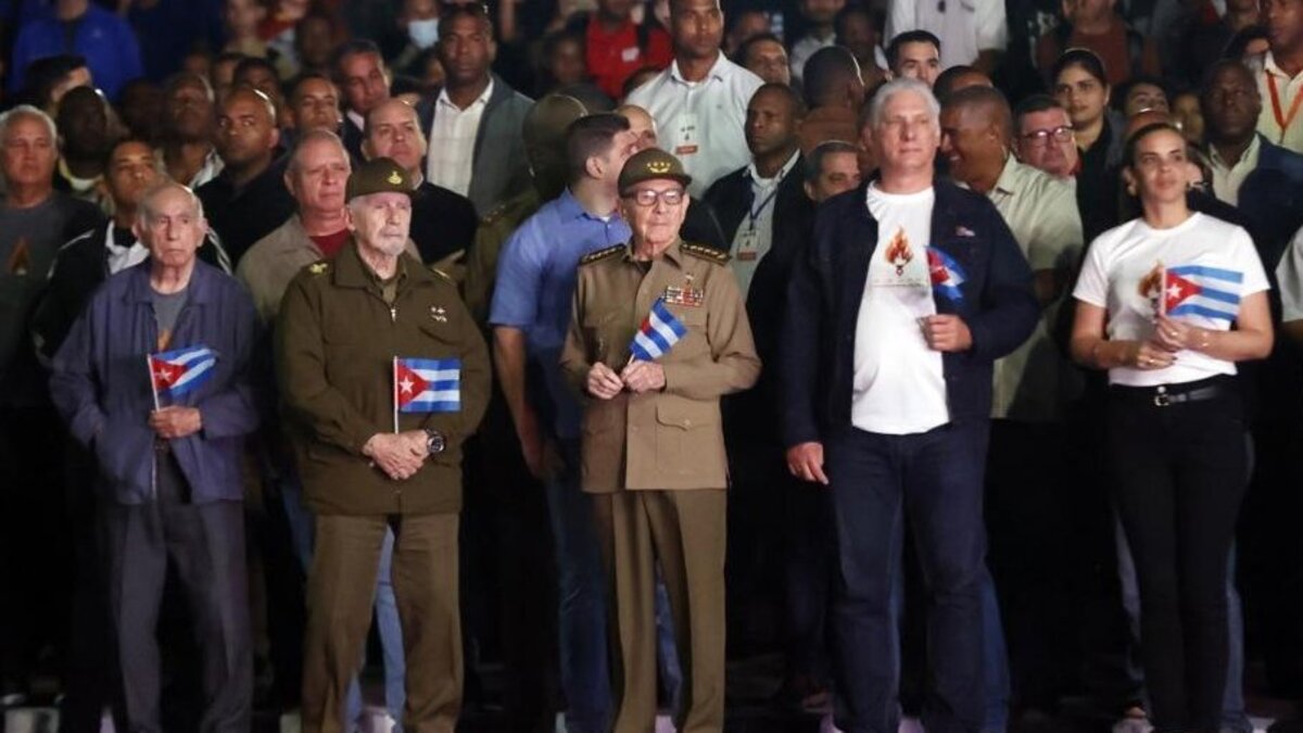 The commander of the Cuban Revolution, Ramiro Valdes (2-L), President of Cuba Miguel Diaz-Canel (2-R) and his predecessor, Raul Castro (C), participate in the traditional Torch March in Havana in January 2025. The Torch March, organized by university students, is held on the eve of the birthday of the independence hero Jose Marti. File Photo by Ernesto Mastrascusa/EPA