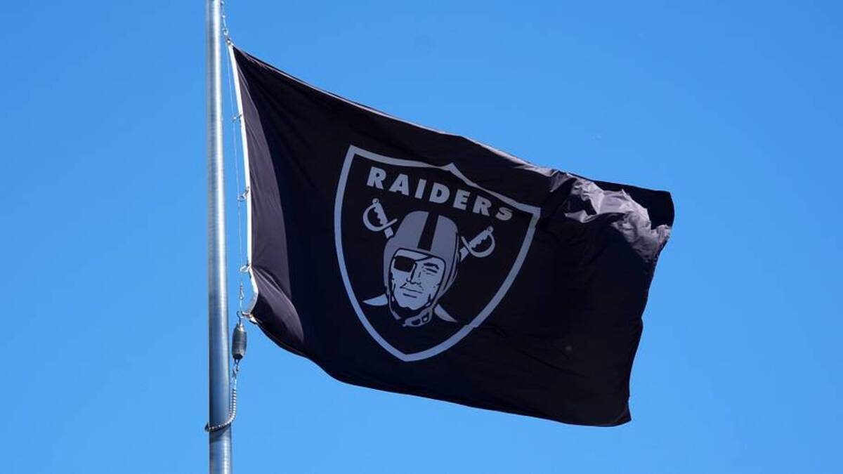  Jul 24, 2025; Henderson, NV, USA; A Las Vegas Raiders shield logo flag at the Intermountain Healthcare Performance Center. Mandatory Credit: Kirby Lee-Imagn Images | Kirby Lee-Imagn Images 
