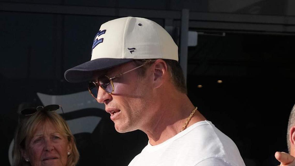  Mar 21, 2026; Los Angeles, CA, USA; Founders FFC quarterback Tom Brady (12) talks with fans during the Fanatics Flag Football Classic at BMO stadium. Mandatory Credit: Kirby Lee-Imagn Images | Kirby Lee-Imagn Images 