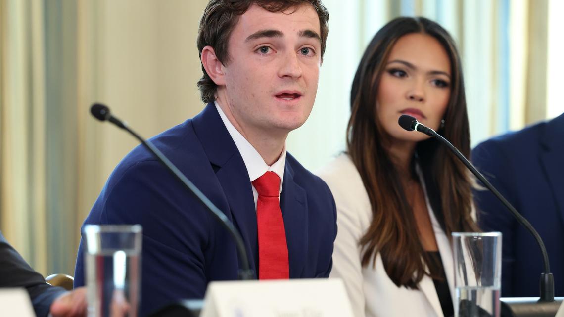 WASHINGTON, DC - OCTOBER 08: Independent journalist Nick Shirley speaks during a roundtable discussion in the State Dining Room of the White House on October 08, 2025 in Washington, DC. Trump’s administration held the roundtable to discuss the anti-fascist Antifa movement after signing an executive order designating it as a “domestic terrorist organization”. (Photo by Anna Moneymaker/Getty Images)