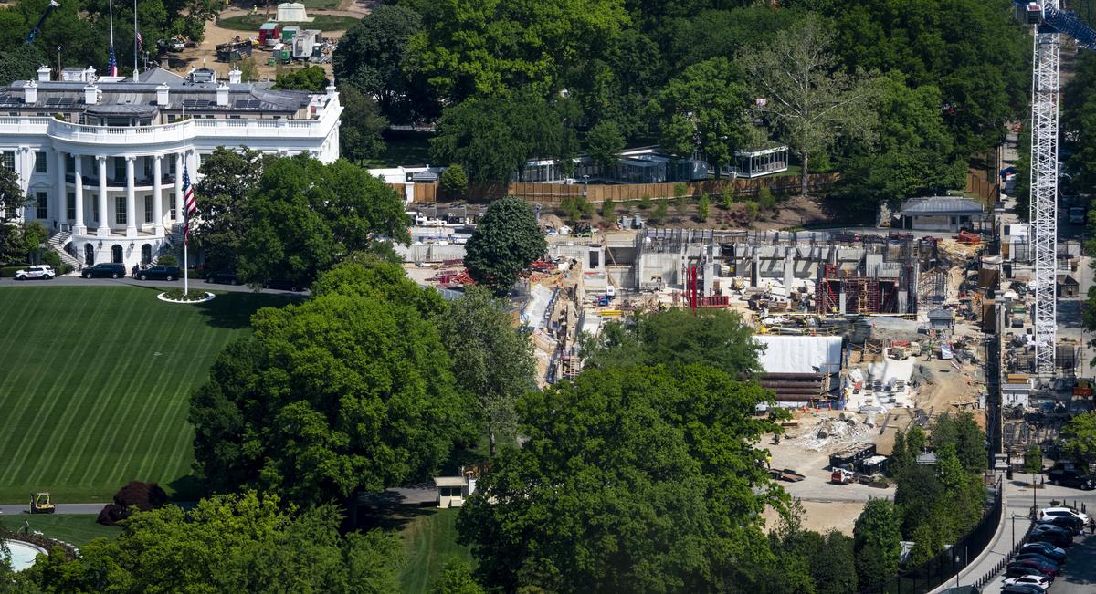 FILE -- A construction site at the White House in Washington, April 23, 2026. Senate Republicans have inserted $1 billion for White House East Wing security enhancements in the immigration enforcement funding bill they hope to rush through Congress in May, setting up a political fight over a ballroom that President Trump has said would be financed with private money. (Doug Mills/The New York Times)