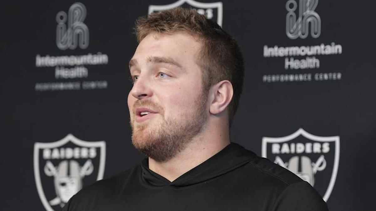  May 2, 2026; Henderson, NV, USA; Las Vegas Raiders guard Trey Zuhn II (66) speaks during a news conference at the team's Rookie Minicamp at Intermountain Health Performance Center. Mandatory Credit: Candice Ward-Imagn Images | Candice Ward-Imagn Images 