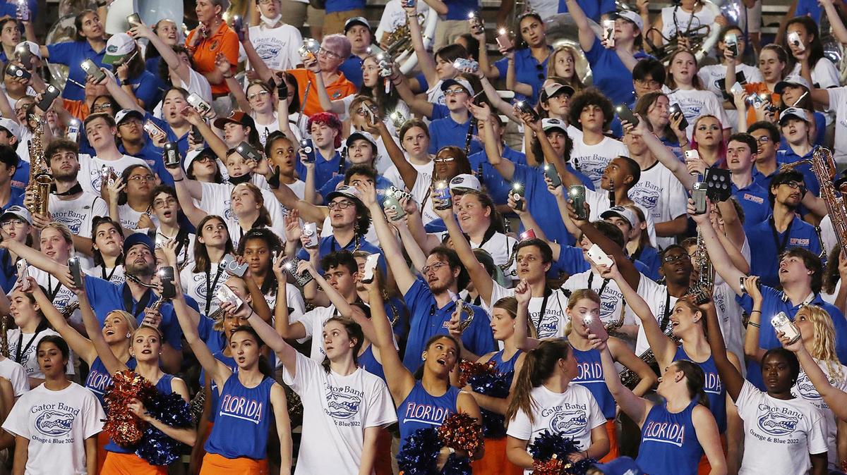 Students cheer during the University of Florida college football 2022 Orange & Blue Game at Ben Hill Griffin Stadium in Gainesville, Florida on Thursday, April 14, 2022. (Stephen M. Dowell/Orlando Sentinel/TNS)
