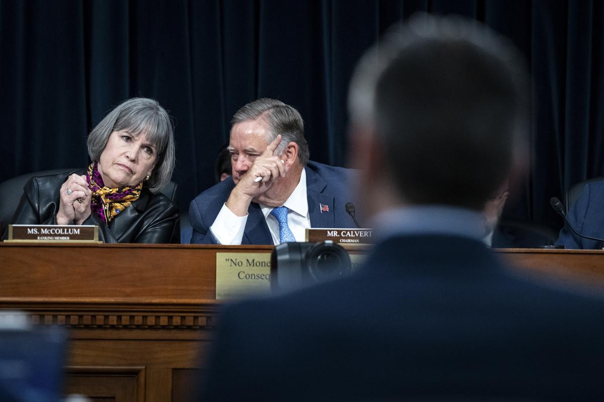 Rep. Ken Calvert (R-Calif.) and Rep. Betty McCollum (D-Minn.) chat during a House Appropriations subcommittee on Defense hearing on the Department of Defense budget request on Capitol Hill in Washington, on Tuesday, May 12, 2026. (Haiyun Jiang/The New York Times)