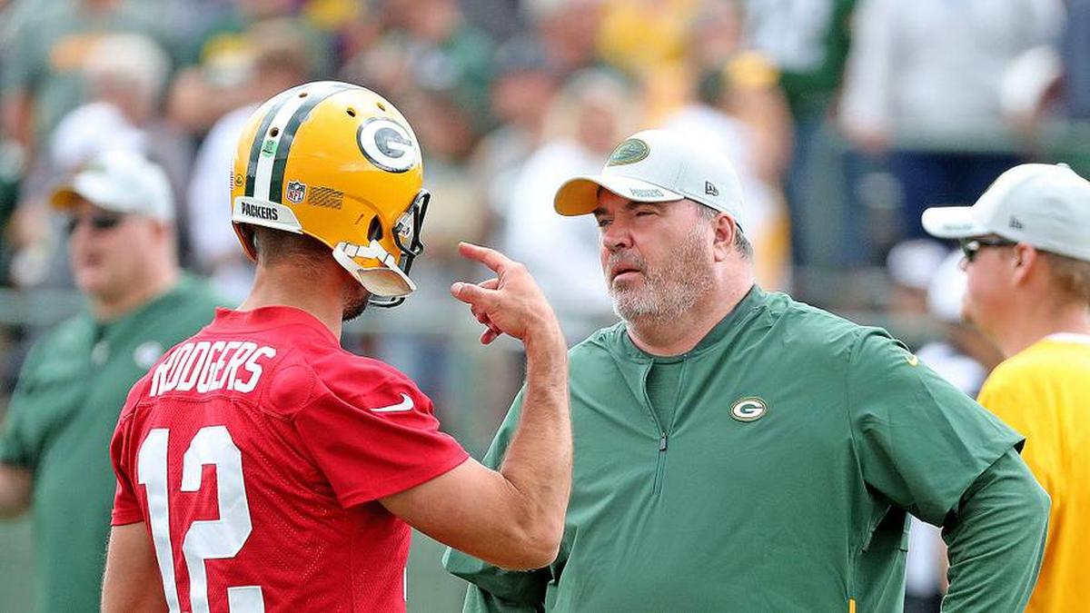  Green Bay Packers quarterback Aaron Rodgers (12) talks with head coach Mike McCarthy during Green Bay Packers Training Camp Friday, July 27, 2018 at Ray Nitschke Field in Ashwaubenon, Wis Packers 2018 02 | Jim Matthews/USA TODAY NETWORK-Wisconsin 
