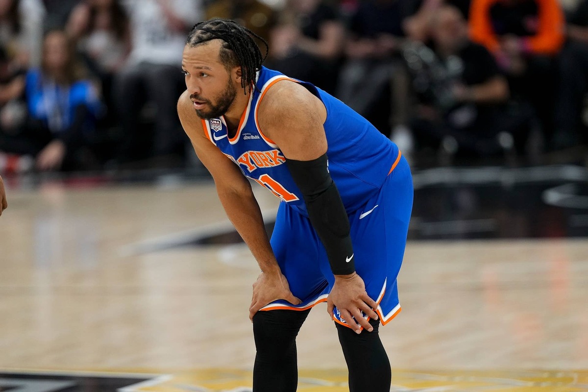  Jun 5, 2026; San Antonio, Texas, USA; New York Knicks guard Jalen Brunson (11) looks on in the first quarter during game two of the 2026 NBA Finals at Frost Bank Center. Mandatory Credit: Scott Wachter-Imagn Images 