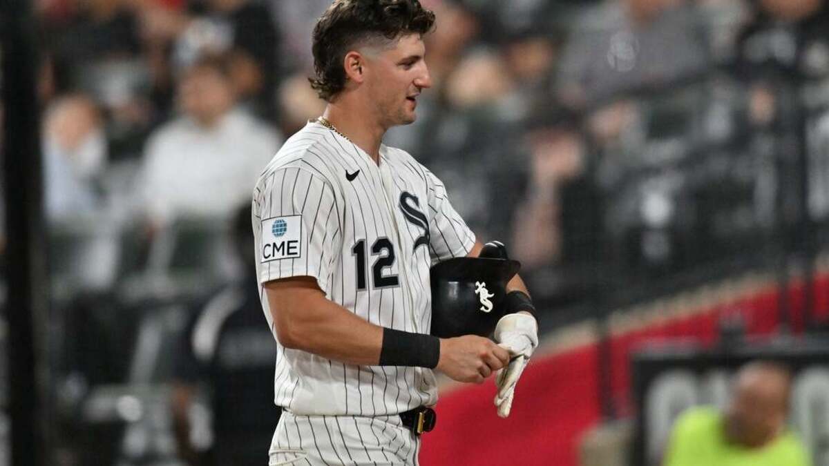 MLB: Boston Red Sox at Chicago White Sox. Jul 7, 2026; Chicago, Illinois, USA; Chicago White Sox third baseman Colson Montgomery (12) reacts after hitting a fly ball against the Boston Red Sox during the eighth inning at Rate Field. Mandatory Credit: Patrick Gorski-Imagn Images