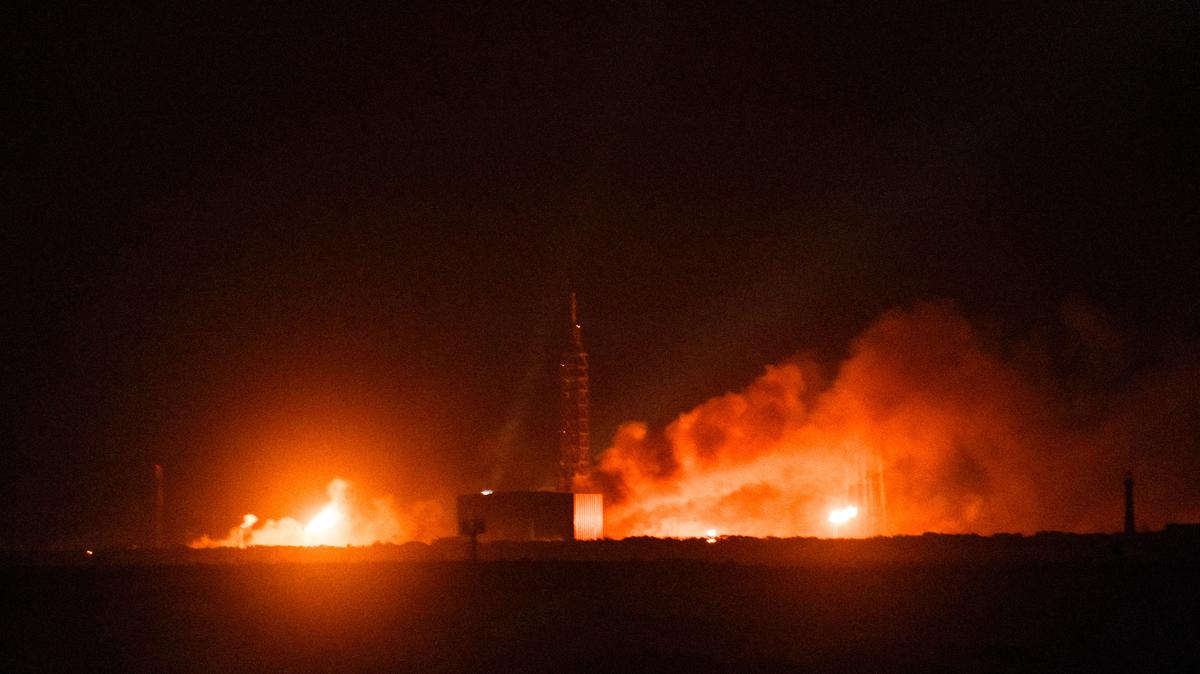 Fire and smoke rise from the launch pad of Blue Origin's New Glenn rocket as it explodes during a test, in Cape Canaveral, Florida, U.S., May 28, 2026, in this picture obtained from social media. Courtney Blair/via REUTERS
