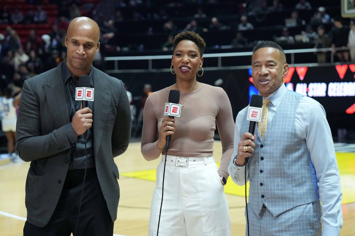  Feb 17, 2023; Salt Lake City, Utah, USA; ESPN broadcasters Richard Jefferson (left), Monica McNutt (center) and Mark Jones during the NBA All-Star Celebrity Game at Huntsman Center. Mandatory Credit: Kirby Lee-USA TODAY Sports 