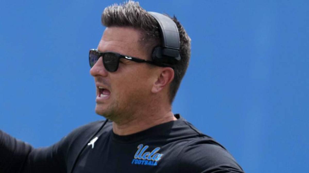  May 2, 2026; Pasadena, CA, USA; UCLA Bruins coach Bob Chesney reacts during the spring game at Rose Bowl. Mandatory Credit: Kirby Lee-Imagn Images | Kirby Lee-Imagn Images 