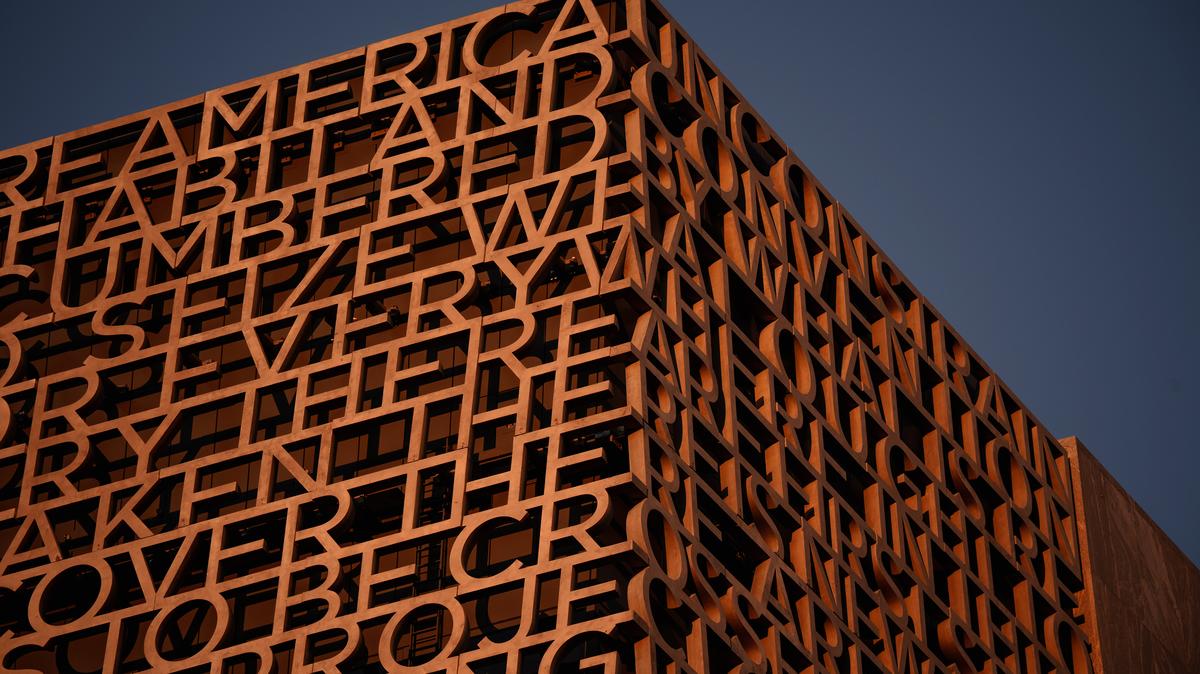 The quote from President Barack Obama’s commemoration of the 50th anniversary of the marches from Selma to Montgomery on the exterior of the Obama Presidential Center Museum building, on Feb. 25, 2026. (E. Jason Wambsgans/Chicago Tribune/TNS)