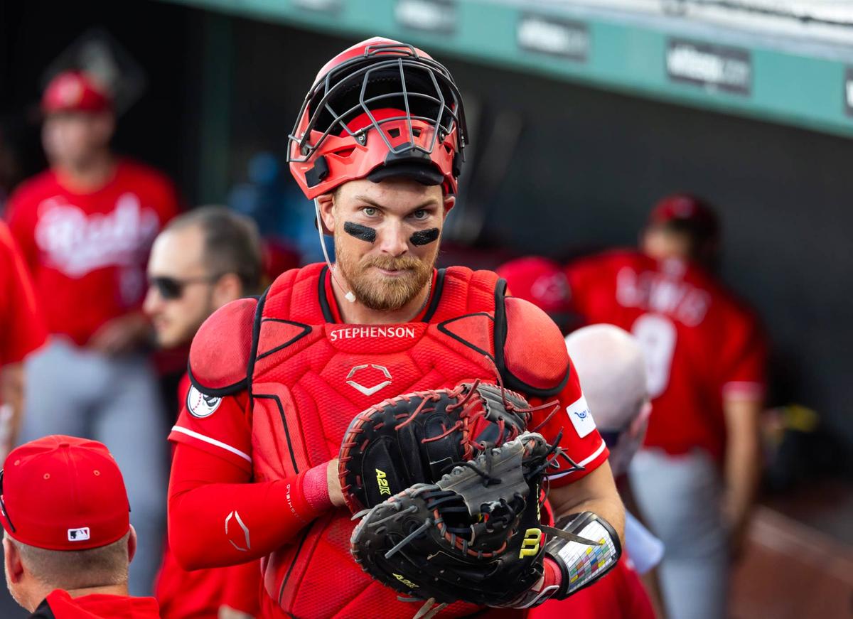  Mar 12, 2026; Phoenix, Arizona, USA; Cincinnati Reds catcher Tyler Stephenson against the Los Angeles Dodgers during a spring training game at Camelback Ranch-Glendale. Mandatory Credit: Mark J. Rebilas-Imagn Images © Mark J. Rebilas-Imagn Images 