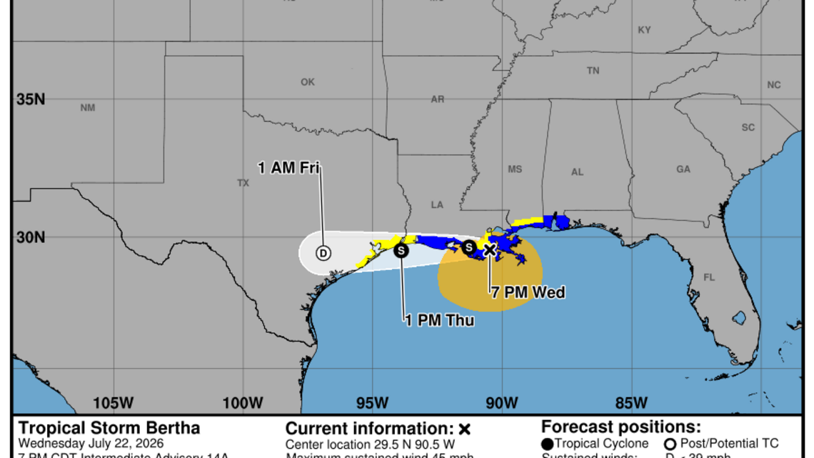 Wednesday, July 22: Latest insights on Tropical Storm Bertha from the National Hurricane Center 