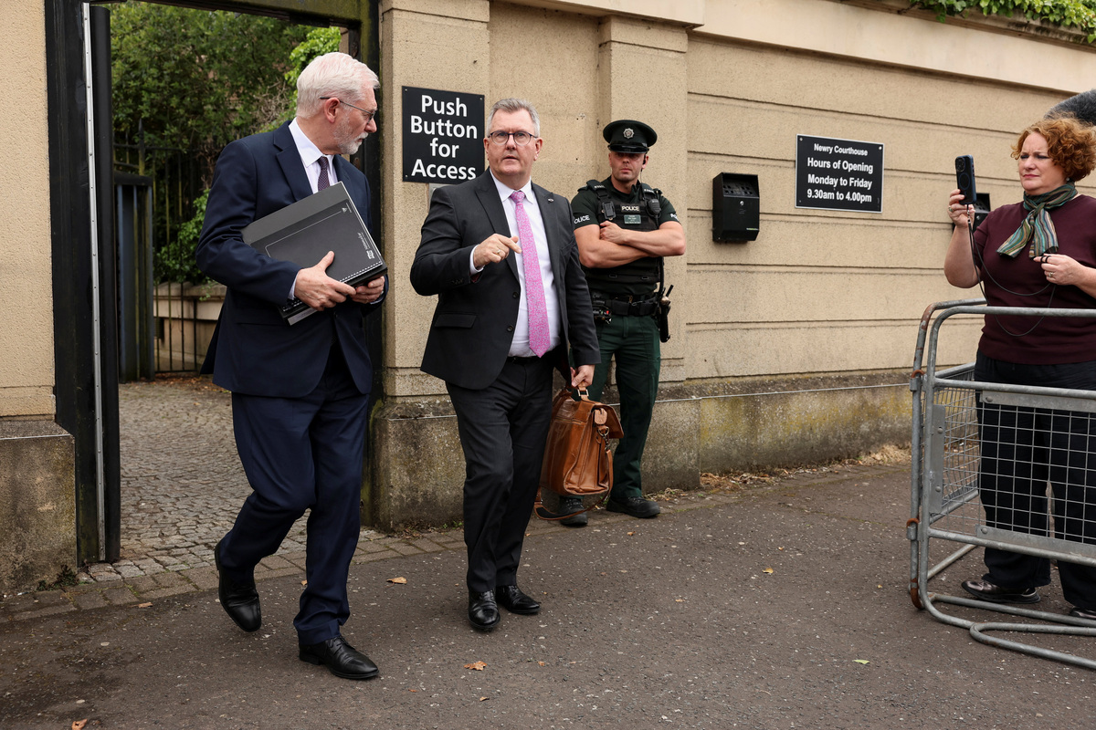 Jeffrey Donaldson, former leader of the Democratic Unionist Party (DUP), charged with historical sex offences, leaves the Newry Courthouse as he appeared for trial, in Newry, Northern Ireland, June 17, 2026. REUTERS/Cathal McNaughton