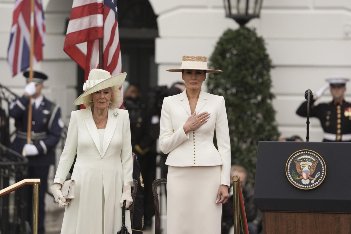 First lady Melania Trump, right, with Queen Camilla during an arrival ceremony on the South Lawn of the White House in Washington, on Tuesday, April 28, 2026. (Salwan Georges/The New York Times)