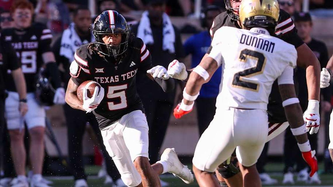  Texas Tech's Caleb Douglas runs after a catch against UCF during a Big 12 Conference football game, Saturday, Nov. 15, 2025, at Jones AT&T Stadium. | Nathan Giese/Avalanche-Journal / USA TODAY NETWORK via Imagn Images 