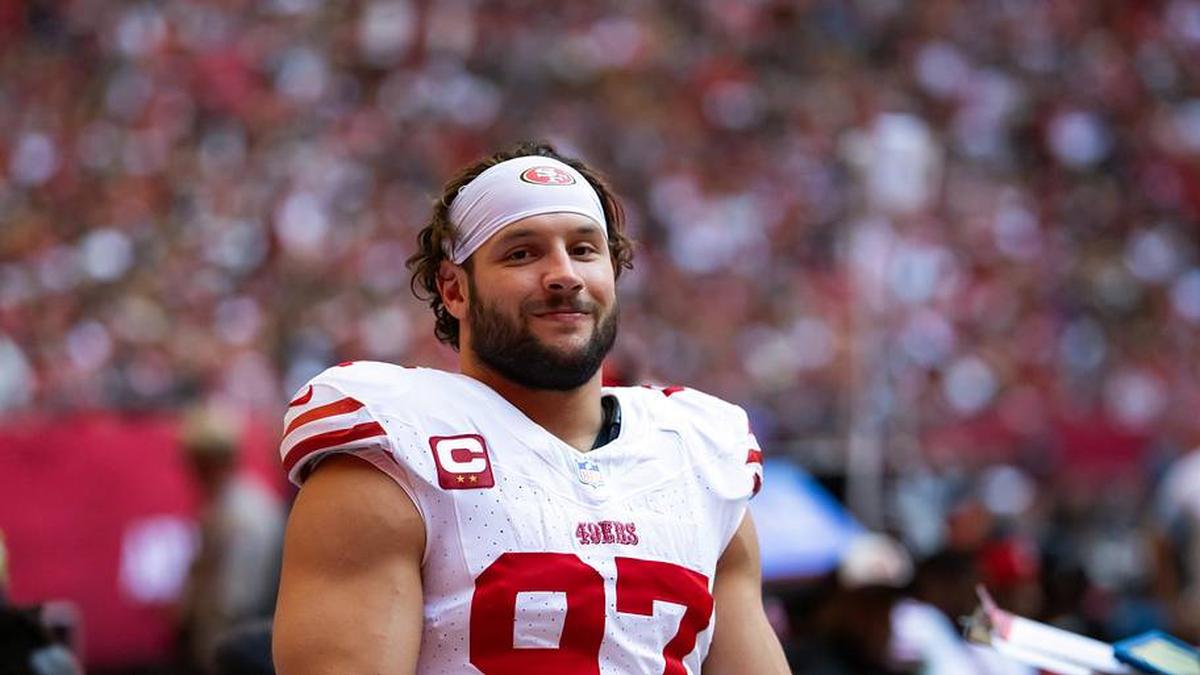  49ers defensive end Nick Bosa is scheduled to have a $55 million cap hit in 2027. | Mark J. Rebilas-Imagn Images 