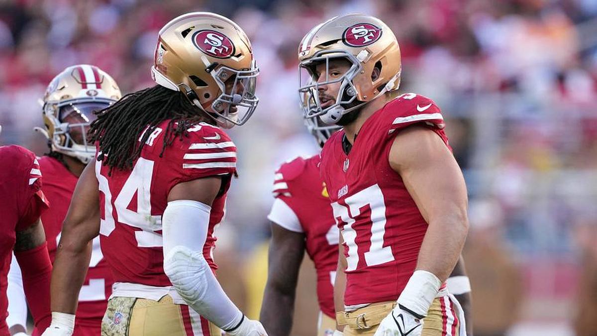  Nov 19, 2023; Santa Clara, California, USA; San Francisco 49ers linebacker Fred Warner (left) talks with defensive end Nick Bosa (right) during the fourth quarter against the Tampa Bay Buccaneers at Levi's Stadium. Mandatory Credit: Darren Yamashita-Imagn Images | Darren Yamashita-Imagn Images 