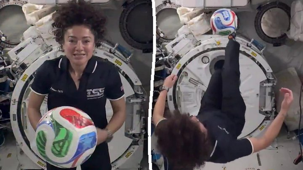 NASA astronaut Jessica Meir shows off some soccer skills during a science lesson on the International Space Station. (Learn With NASA via SWNS). 