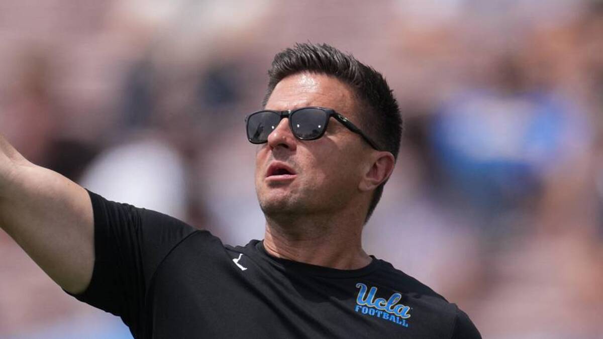  May 2, 2026; Pasadena, CA, USA; UCLA Bruins coach Bob Chesney reacts during the spring game at Rose Bowl. Mandatory Credit: Kirby Lee-Imagn Images | Kirby Lee-Imagn Images 