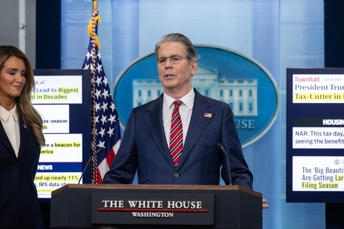 Treasury Secretary Scott Bessent holds a briefing at the White House in Washington, on Wednesday, April 15, 2026. Bessent acknowledged on Wednesday that the spike in gas prices could cut into Americans' tax refunds. (Anna Rose Layden/The New York Times)