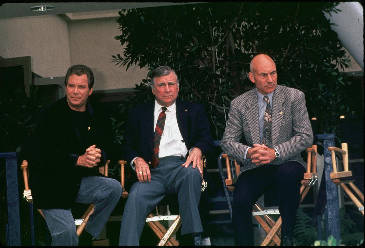 William Shatner, Gene Roddenberry and Patrick Stewart at the Paramount Studios Lot in Los Angeles, CAAlbert L. Ortega/WireImage