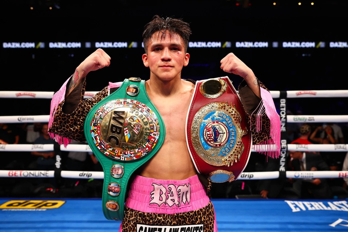  Jesse "Bam" Rodriguez celebrates his super flyweight world title win against Phumelela Cafu at The Ford Center at The Star in Frisco, Texas Melina Pizano/Getty Images