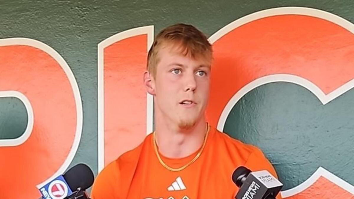  New Miami transfer Ryan Bilka during baseball media day ahead of opening weekend. | Jake Baum/Twitter 