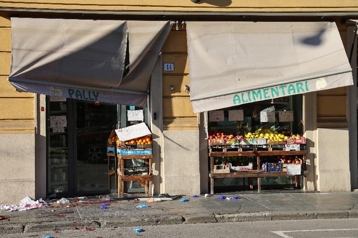 A damaged grocery store after several people were injured when a car drove into pedestrians in the center of the northern Italian city of Modena, Italy, May 16, 2026. REUTERS/Stringer
