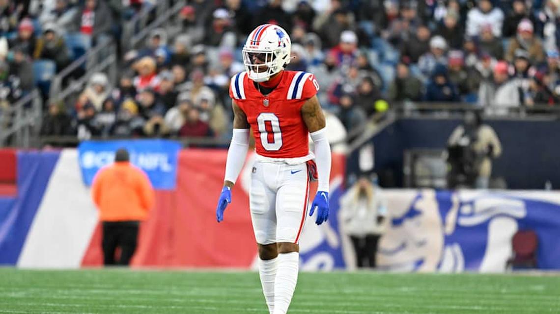 Dec 1, 2024; Foxborough, Massachusetts, USA; New England Patriots cornerback Christian Gonzalez (0) lines up during the second half against the Indianapolis Colts at Gillette Stadium. Mandatory Credit: Eric Canha-Imagn Images | Eric Canha-Imagn Images 