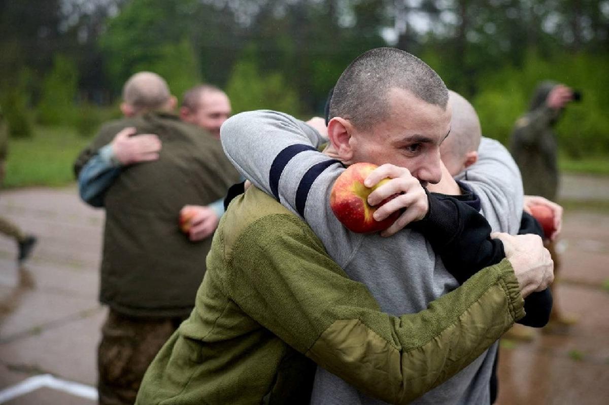 Ukrainian prisoners of war (POWs) after a swap, amid Russia's attack on Ukraine, at an unknown location in Ukraine, in this handout picture released May 15, 2026. Ukraine's President Volodymyr Zelenskiy via Telegram/Handout via REUTERS