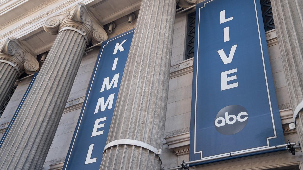 Signage, before the taping of ABC's "Jimmy Kimmel Live!" show, at the El Capitan Entertainment Centre in the Hollywood district of Los Angeles, California, U.S. April 28, 2026.  REUTERS/Lauren Justice