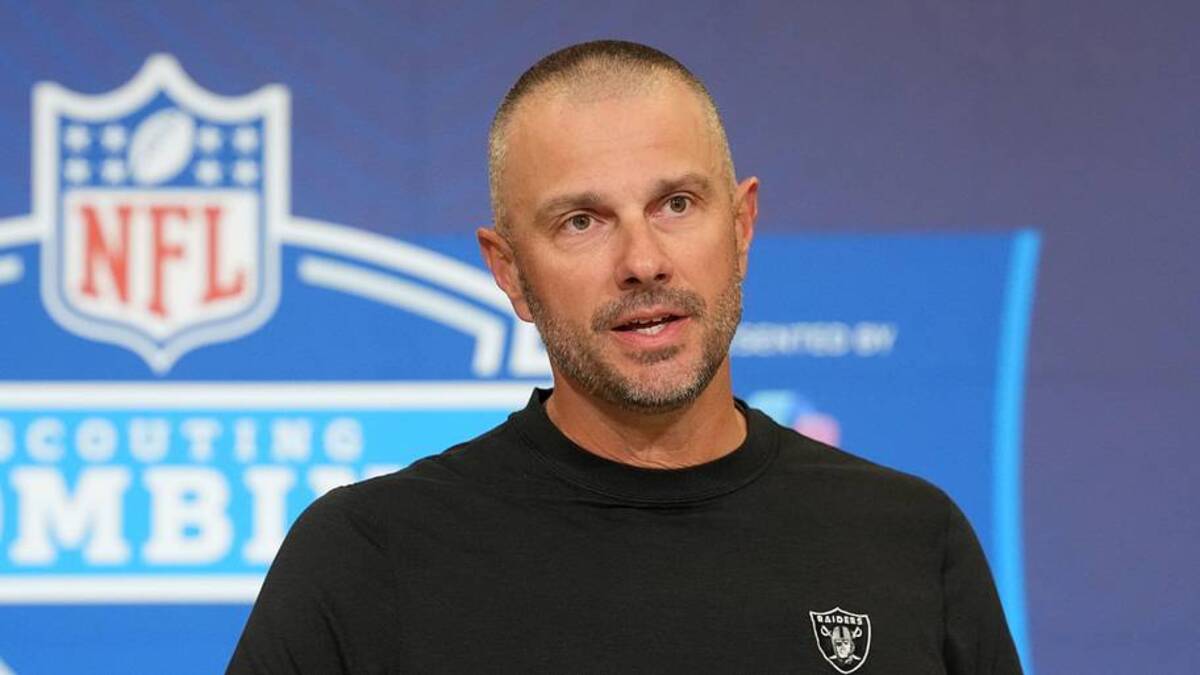  Feb 24, 2026; Indianapolis, IN, USA; Las Vegas Raiders general manager John Spytek speaks at the NFL Scouting Combine at the Indiana Convention Center. Mandatory Credit: Kirby Lee-Imagn Images | Kirby Lee-Imagn Images 