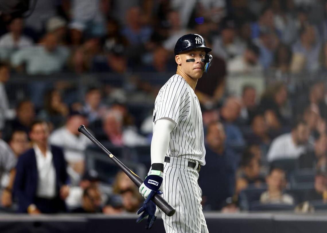  NEW YORK, NEW YORK - SEPTEMBER 21: Aaron Judge #99 of the New York Yankees takes his turn at bat in the seventh inning against the Pittsburgh Pirates at Yankee Stadium on September 21, 2022 in the Bronx borough of New York City. (Photo by Elsa/Getty Images) 