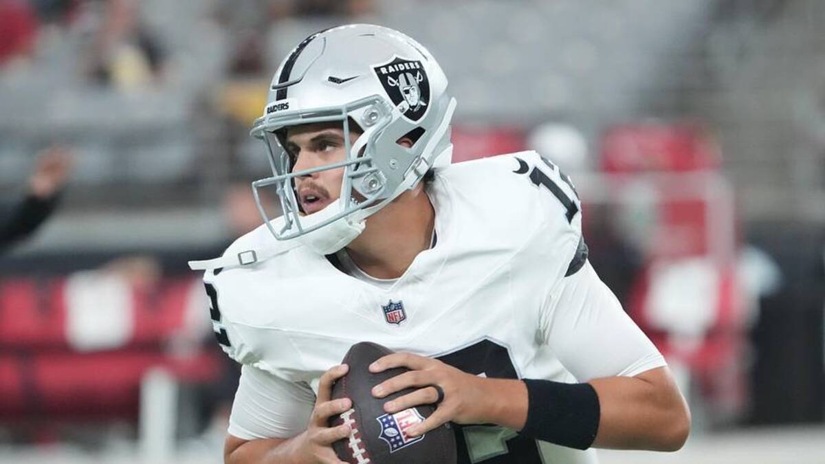 Aug 23, 2025; Glendale, Arizona, USA; Las Vegas Raiders quarterback Aidan O'Connell (12) warms up before the game against the Arizona Cardinals at State Farm Stadium. Mandatory Credit: Joe Camporeale-Imagn Images | Joe Camporeale-Imagn Images 
