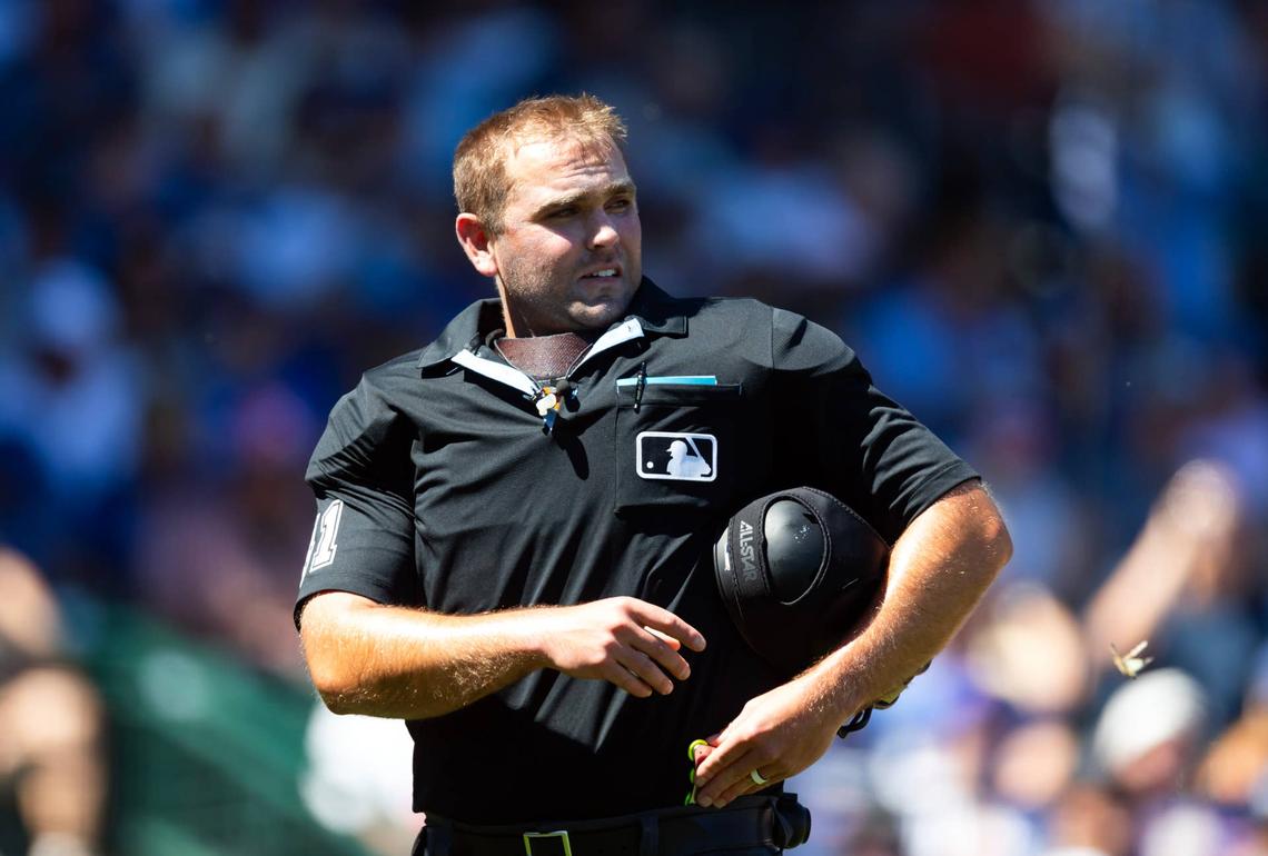  Mar 24, 2026; Mesa, Arizona, USA; MLB umpire Brock Ballou during the Chicago Cubs against the New York Yankees during spring training at Sloan Park. Mandatory Credit: Mark J. Rebilas-Imagn Images 