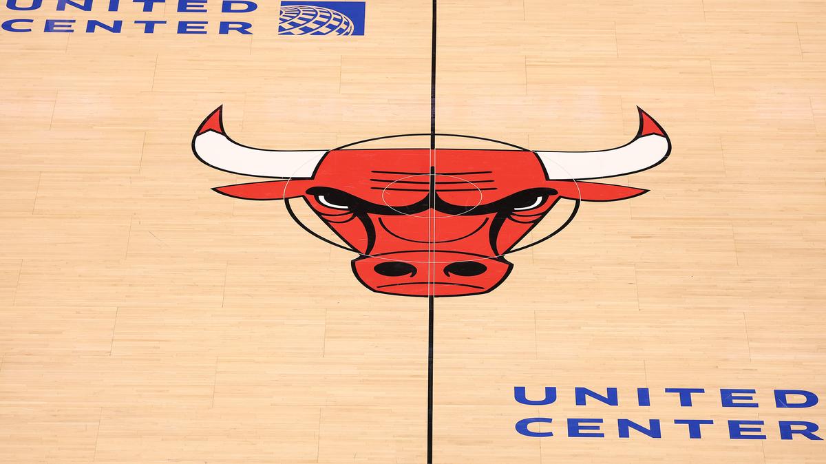 A general view of the center court logo prior to the game between the Chicago Bulls and the Detroit Pistons at the United Center on Oct. 22, 2025, in Chicago. (Michael Reaves/Getty Images/TNS)