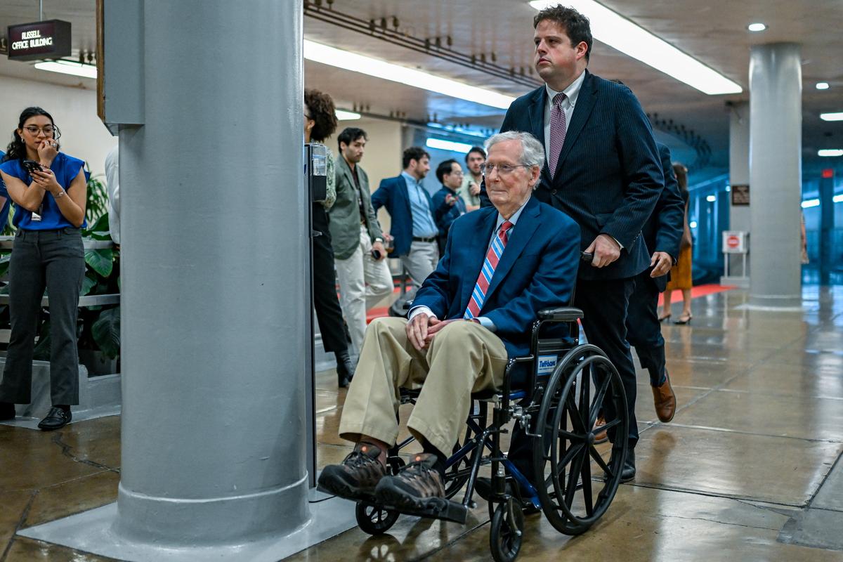 Sen. Mitch McConnell (R-Ky.) heads to a vote on Capitol Hill in Washington, on Wednesday, May 20, 2026. The GOP senators' resistance to a president they have rarely challenged and frequently excused reflected how the legacy of the Jan. 6 attack by a pro-Trump mob still hangs over the party. (Kenny Holston/The New York Times)